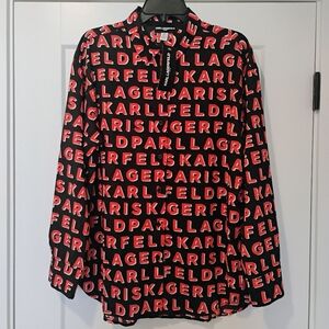 NWT M Karl Lagerfeld Paris Black Logo Graphic Print Designer Blouse NEW